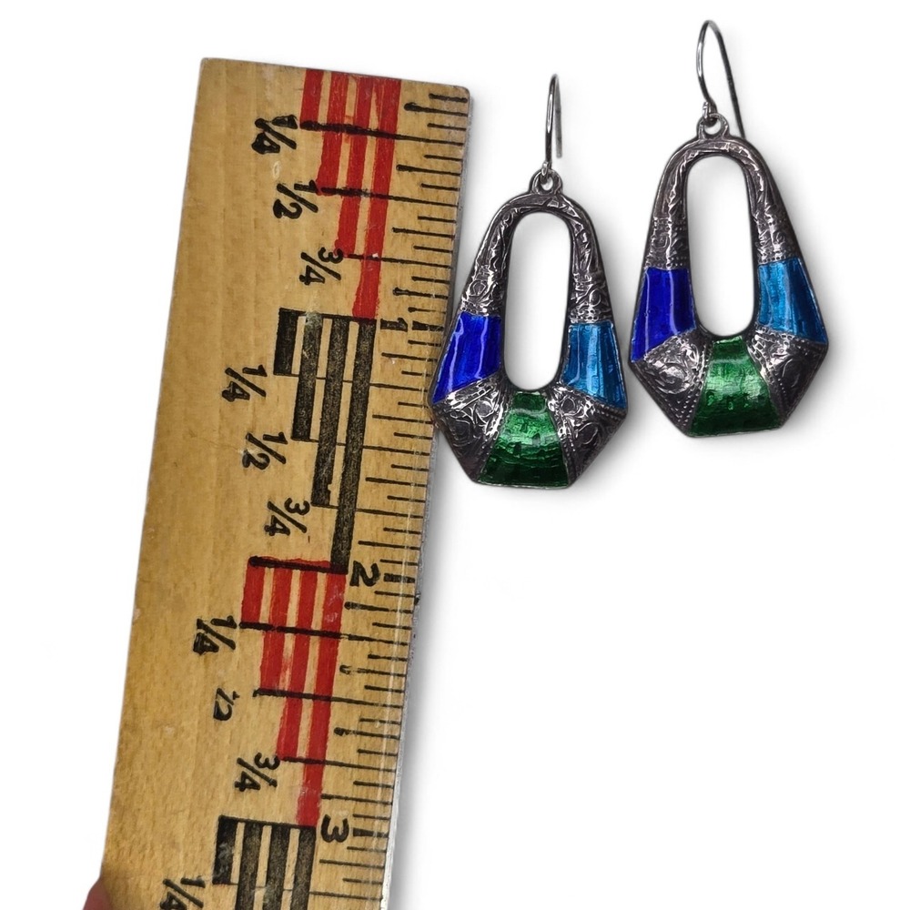 Vintage Sterling Silver 925 Enamel Blue Green Hinged Bangle Bracelet Earring Set - Picture 12 of 13